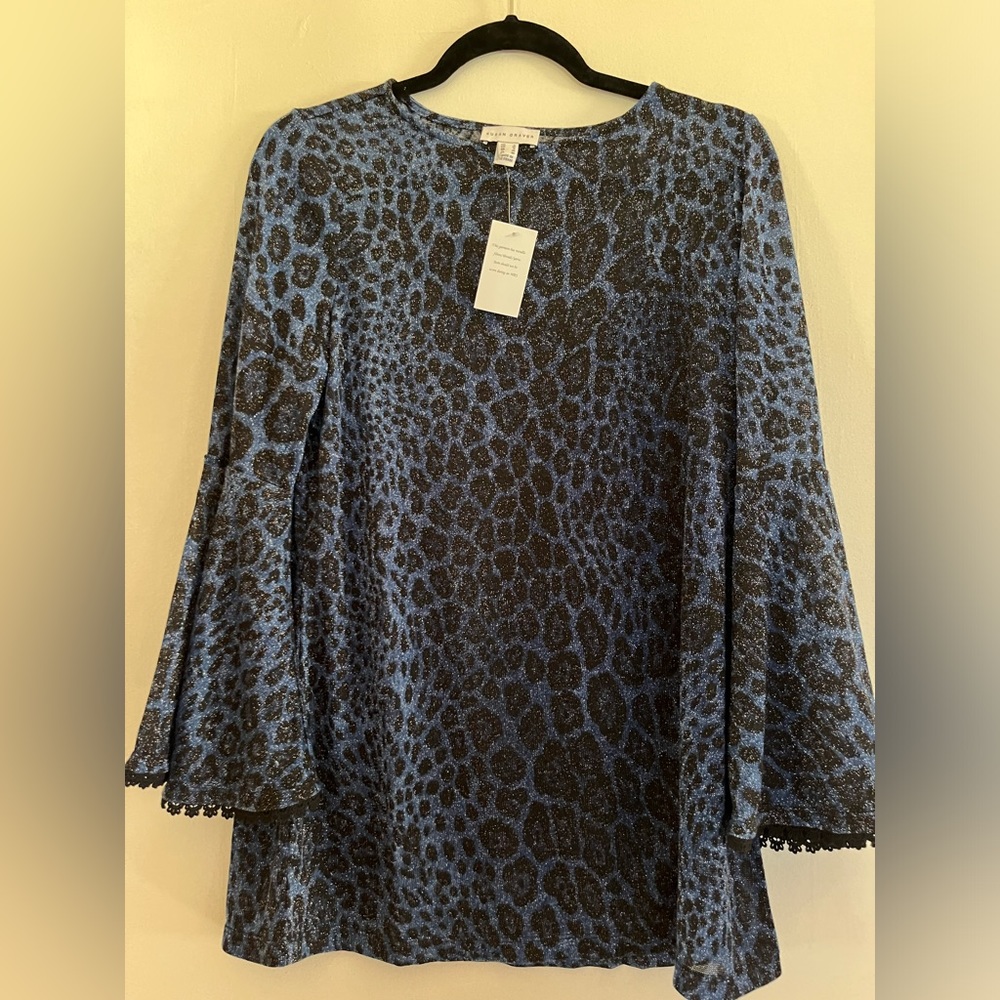 Susan Graver Sparkly Blue Cheetah See Through Blouse NWT Small Beautiful Sleeves